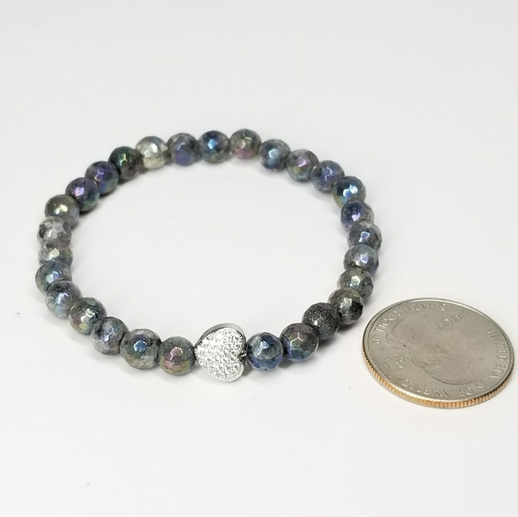 Labradorite Gemstone Pave CZ Heart Bracelet NEW - Picture 6 of 8